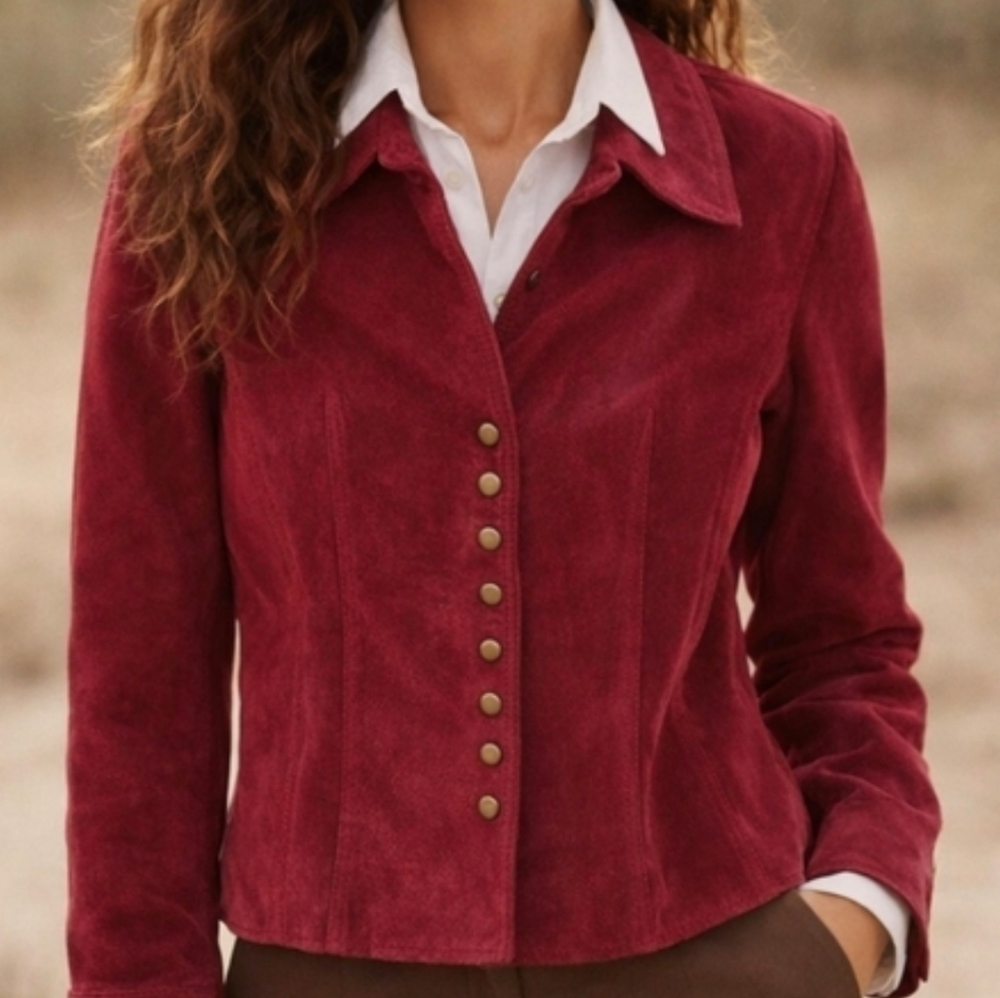 Coldwater Creek 100% Leather Women's Burgundy Button-Front Suede Jacket